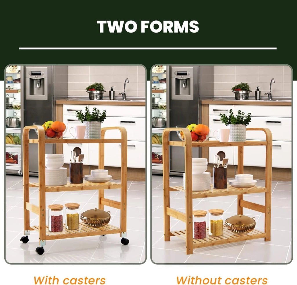 Carrello da portata in bambù, piccolo carrello da cucina su ruote, carrello con 3 ripiani e manici, carrello universale da cucina, carrello multiuso 58 x 33 x 76 cm