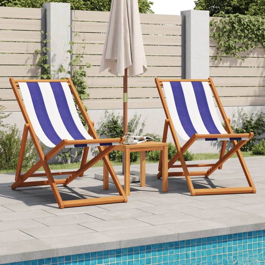 Sedia da Giardino | Sedia da Spiaggia Pieghevole Blu/Bianco in Eucalipto e Tessuto
