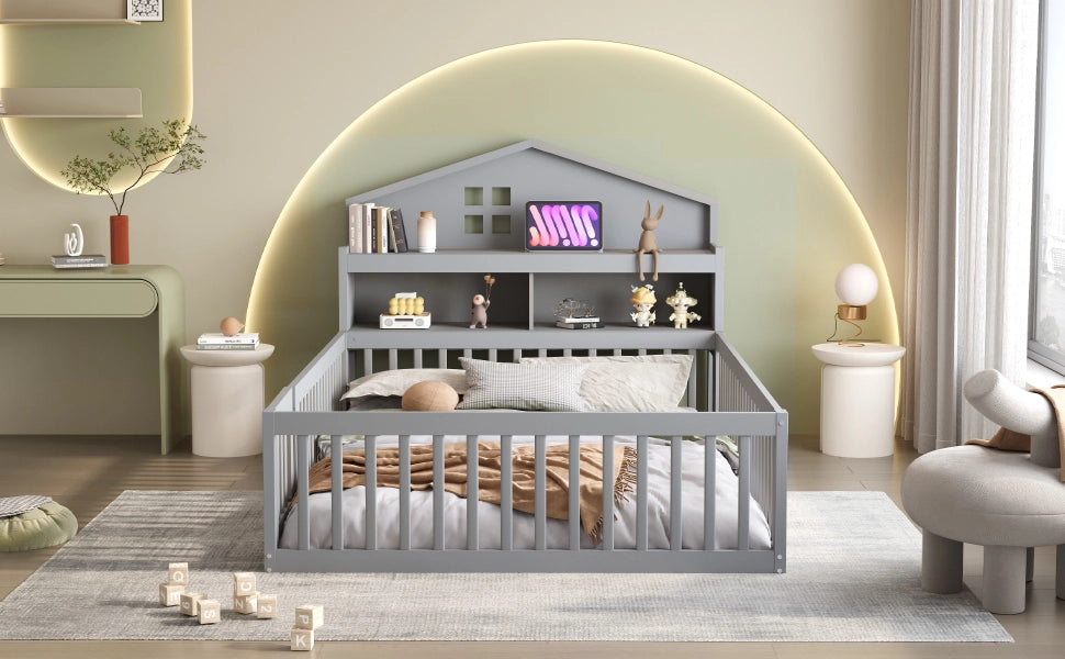 Letto per bambini grigio in legno massello con funzione casa 140x200 cm