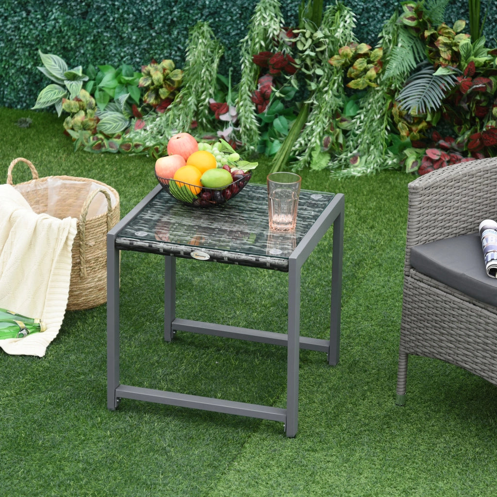 TAVOLINO DA GIARDINO Quadrato 50 x 49,5 x 50 cm Grigio Polyrattan e vetro temperato