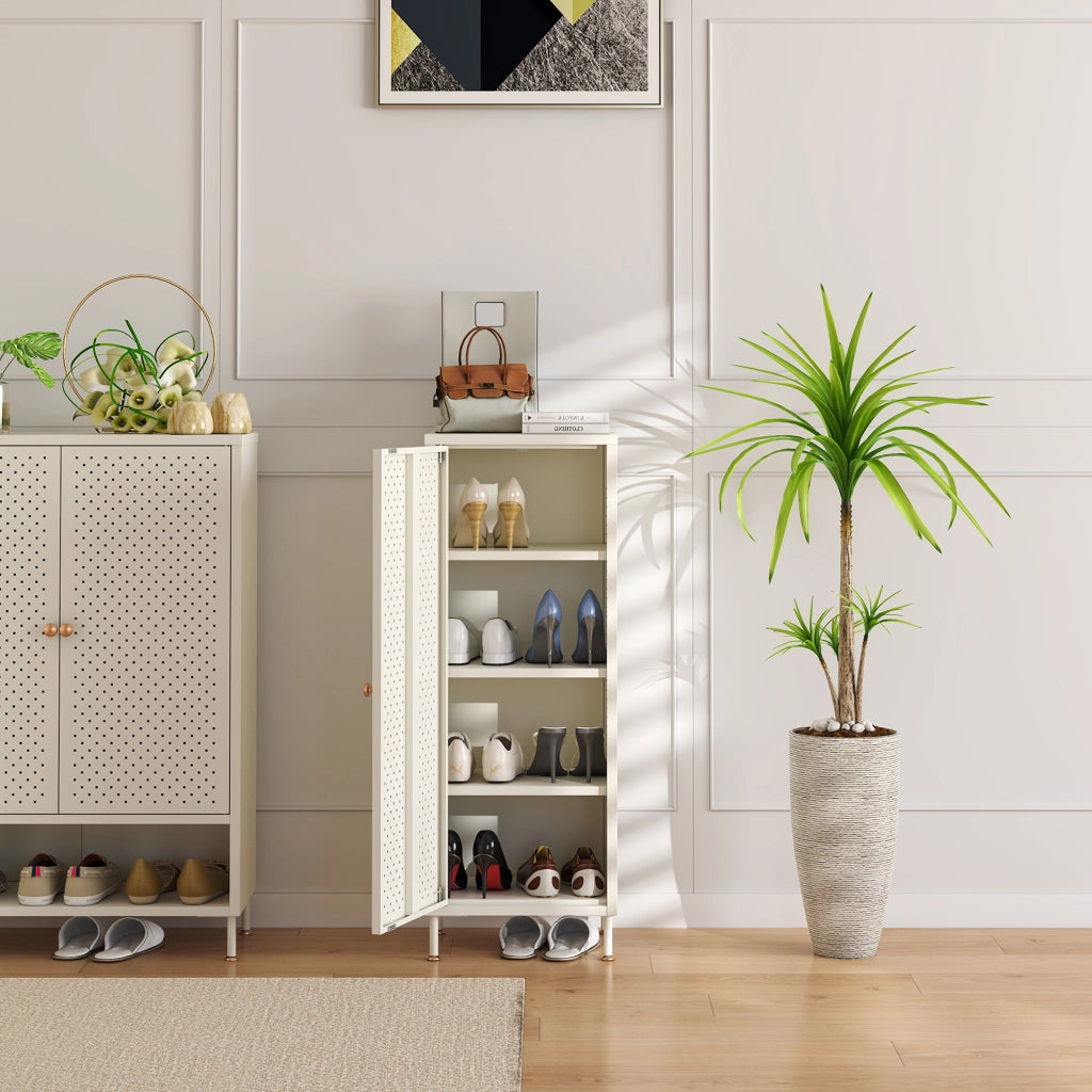 Scarpiera Coleraine con Anta e 3 Ripiani Regolabili 115 x 43 x 35 - Acciaio Bianco Crema [en.casa]