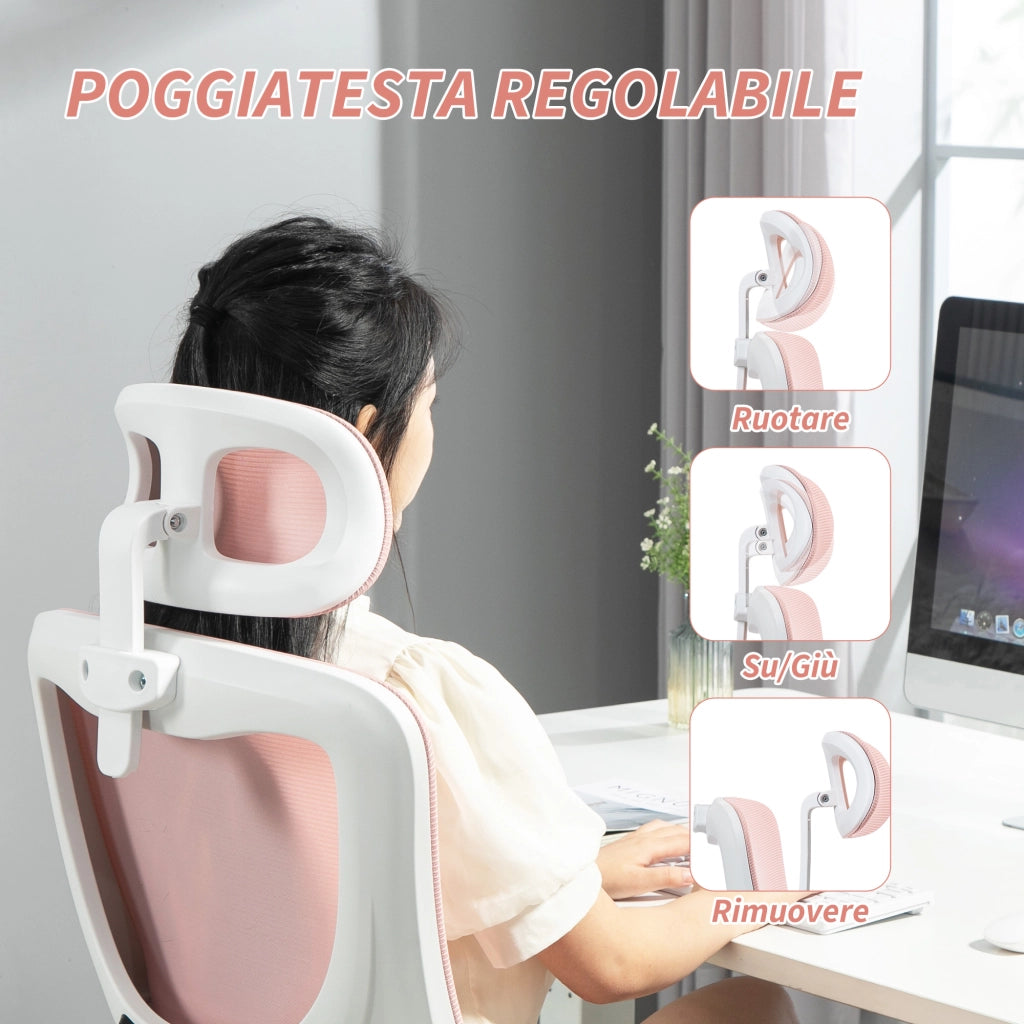 Sedia da Ufficio Regolabile con Schienale Reclinabile e Poggiatesta ¨C Xylo ¨C Tessuto a Rete Rosa 60x59x114-122 cm