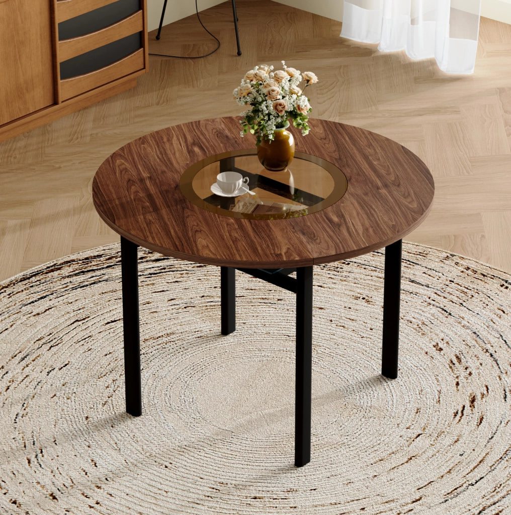 Tavolo da pranzo rotondo 100 cm in MDF marrone, vetro e metallo