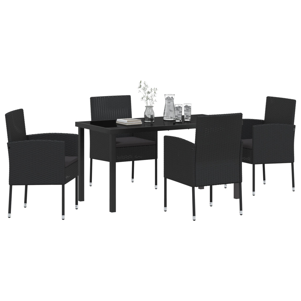 Set da Pranzo da Giardino 5 Pezzi con Cuscini Neri in Polyrattan