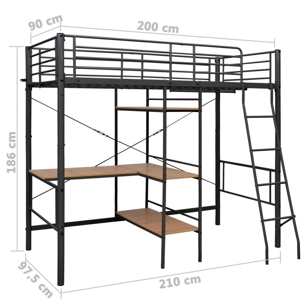 Letto singolo | Letto per adulti | Letto a Castello con Tavolino Grigio in Metallo 90x200 cm