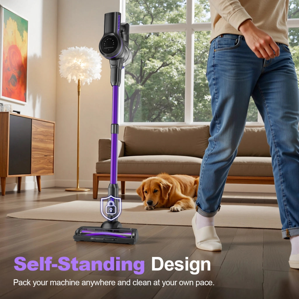 Aspirapolvere senza fili INSE S7P viola con display a LED e spazzola a rullo morbida.