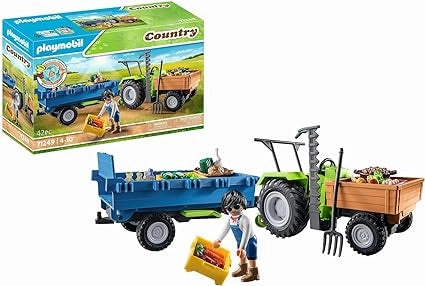 Playmobil Country 71249 Trattore con rimorchio, incl. cassete per il trasporto, trattore verde per la fattoria biologica