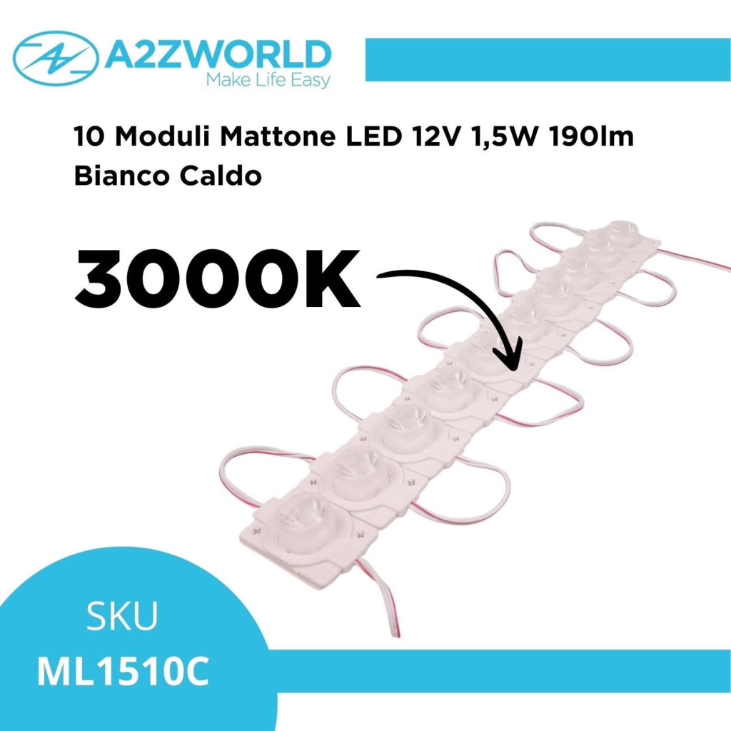 10 Moduli Mattone LED 12V 1,5W 190lm Bianco 3000K IP67 Angolo Asimmetrico 10°x60°