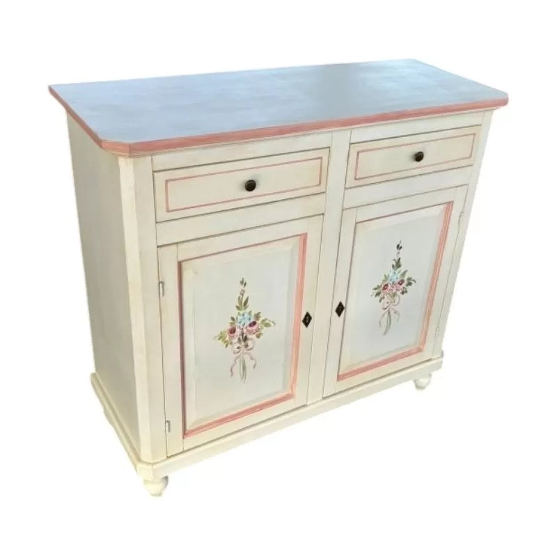Credenza 2 porte legno shabby bianco anticato filo rosa decori 105x45x98 - Mobili 2G