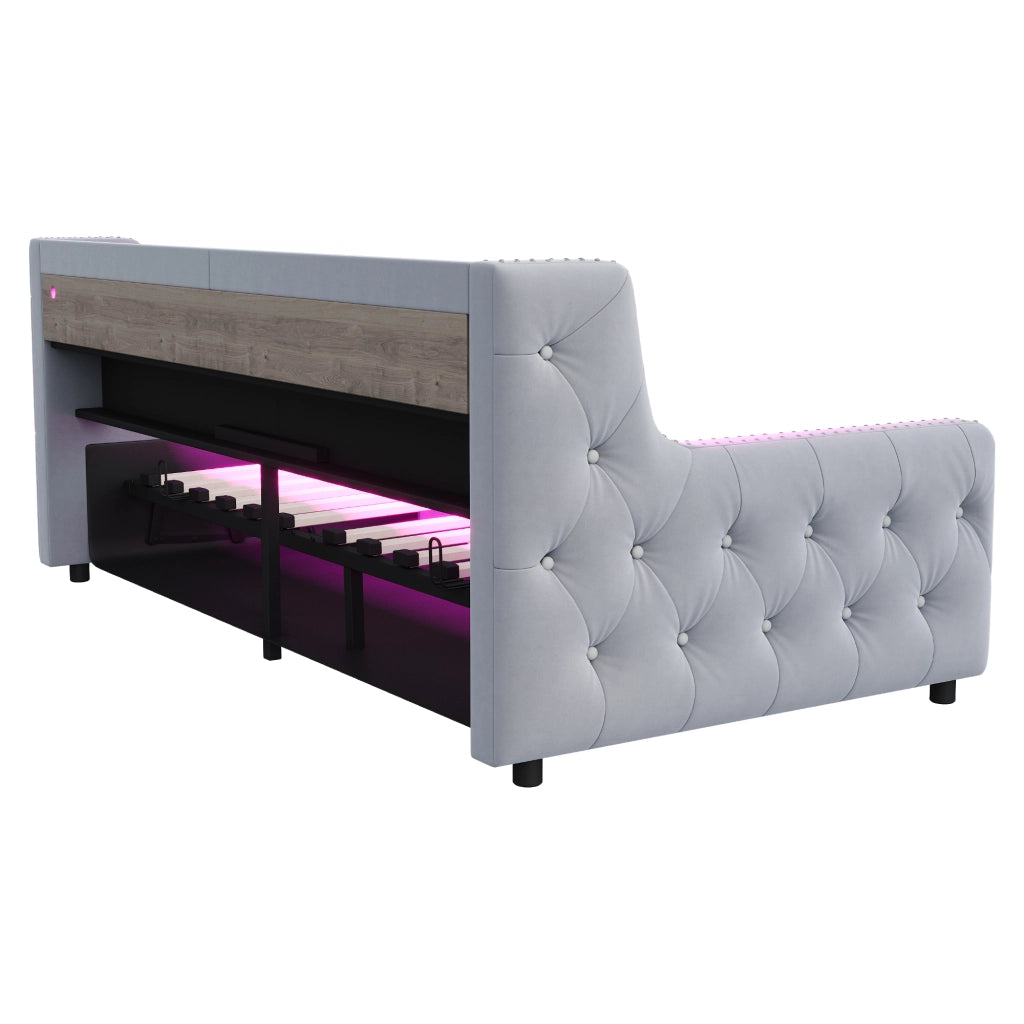DIVANO LETTO 90 x 200 cm in velluto grigio chiaro con LED e vano contenitore