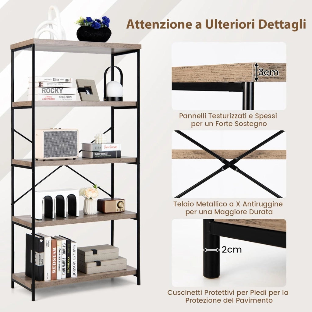 Libreria a 5 Piani, Scaffale Industriale in Legno con Struttura in Metallo, Aste di Sostegno a X Dispositivo Antiribaltamento, per Soggiorno Ufficio, 79x35x160 cm (Grigio)