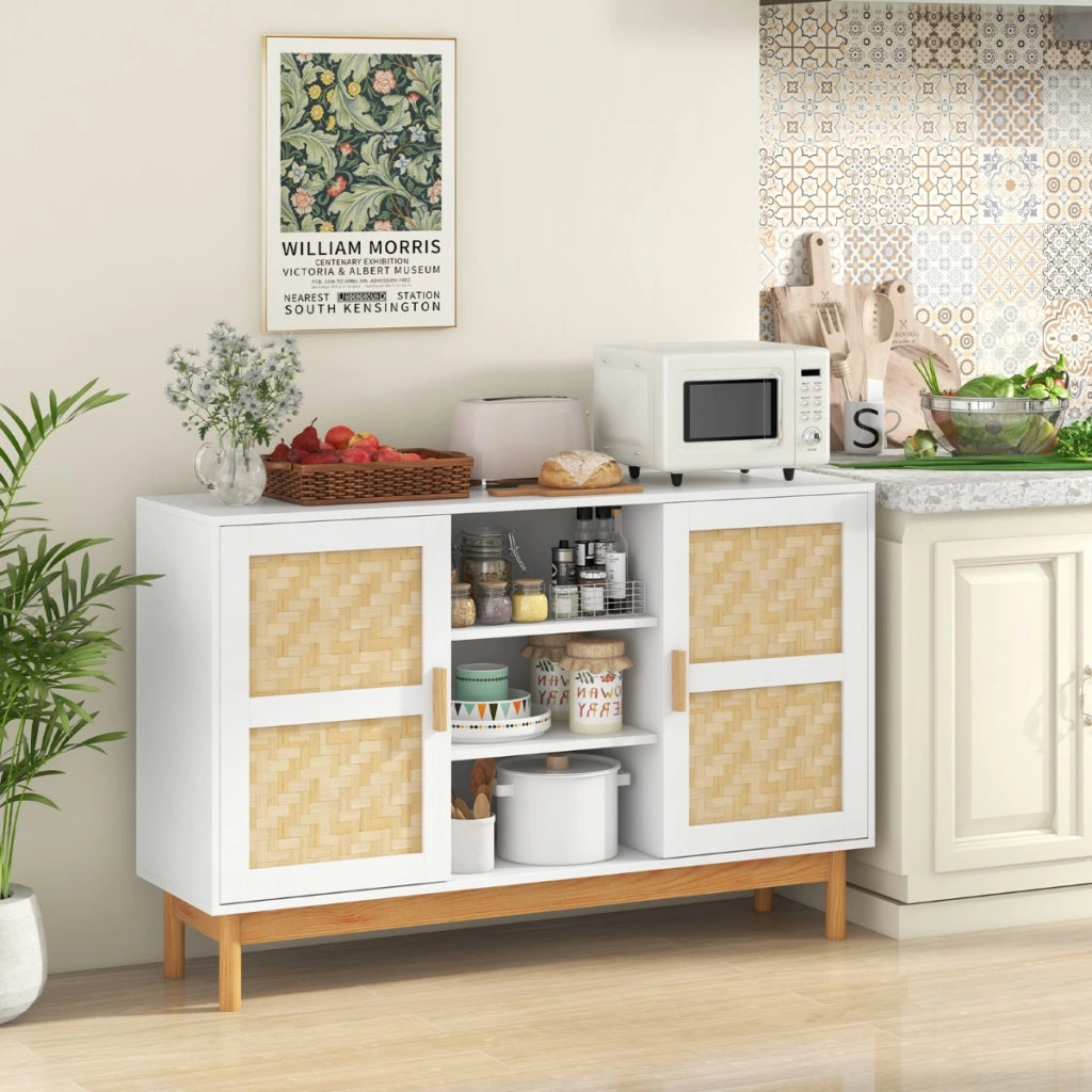 Credenza buffet-Armadio da cucina cabinet da 120cm, Armadio da pavimento con 2 porte intrecciate in bamb¨´ 3 ripiani aperti Bianco
