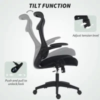 Sedia da Ufficio Ergonomica e Girevole in Rete con Supporto Lombare, Braccioli Ribaltabili, Poggiatesta e Basculante Nero