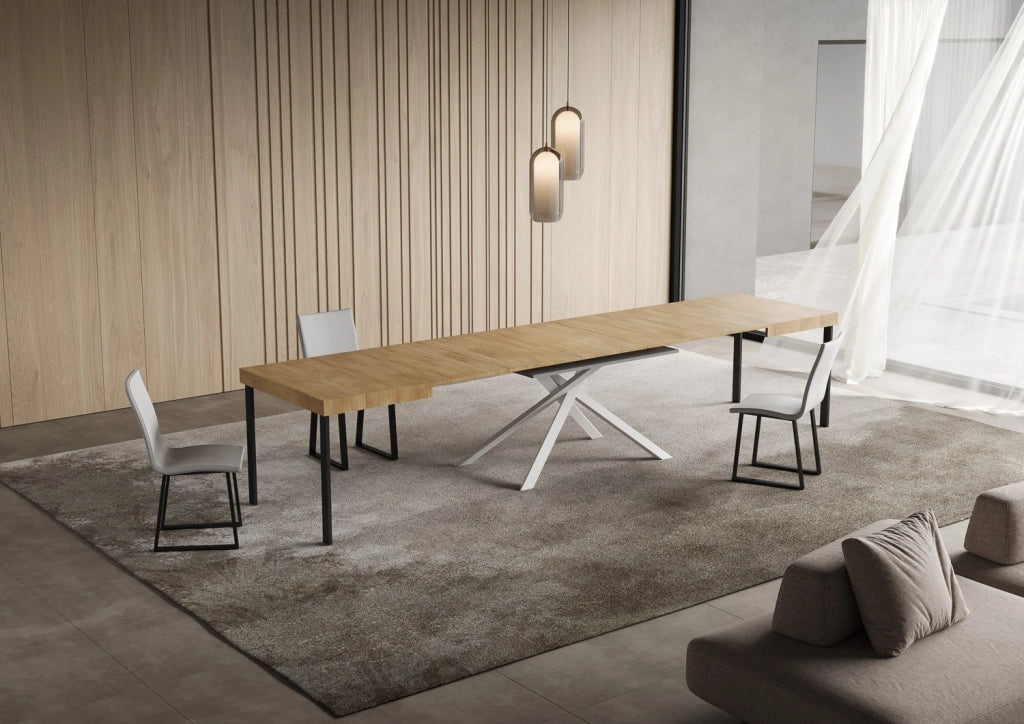 Tavolo Allungabile 130-390x90x74 cm Niket Quercia Natura Gambe Bianche