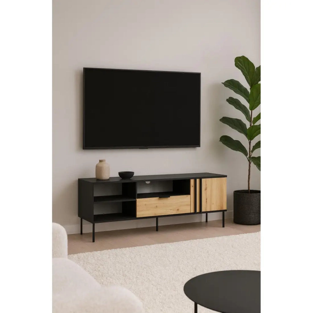 Mobile TV design IZO – Nero onice & Rovere chiaro – 160x58x40 cm