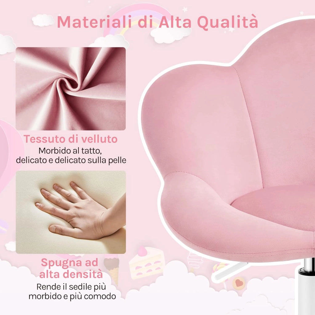 Sedia da Scrivania per Bambini, Sedia Ufficio Ergonomica Girevole e Regolabile in Altezza con Rotelle, Seduta a Forma di Fiore per Studio, Camera da Letto, Velluto, Rosa Pastello