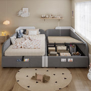 OKWISH Letto Combinato 90×200 cm ×2, Letto Doppio per Bambini con Vano Contenitore Idraulico, Tasca Portaoggetti e Spondina Imbottita, senza Materasso, Grigio