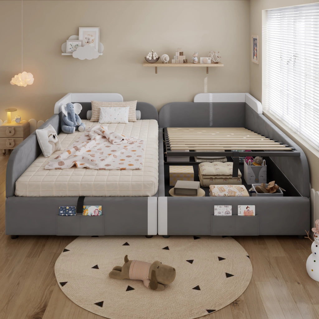 OKWISH Letto Combinato 90×200 cm ×2, Letto Doppio per Bambini con Vano Contenitore Idraulico, Tasca Portaoggetti e Spondina Imbottita, senza Materasso, Grigio