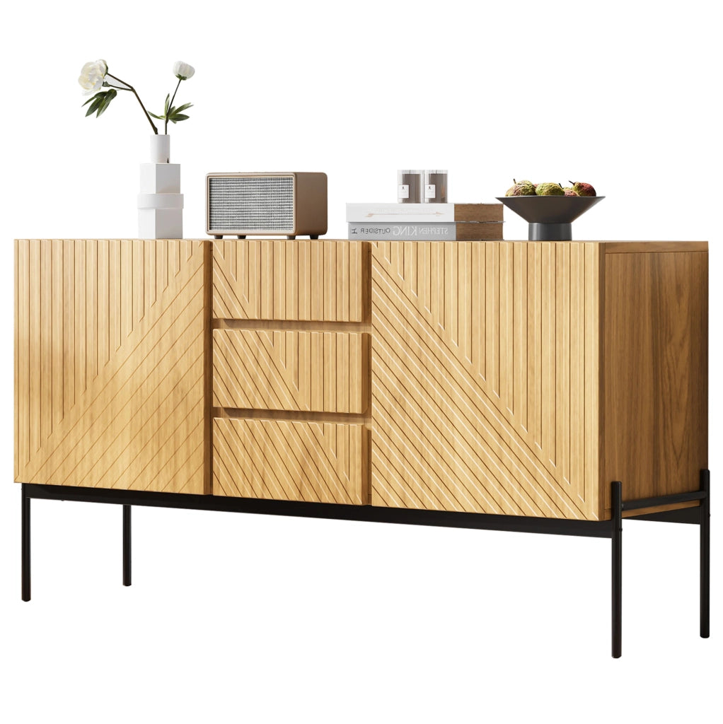 Credenza moderna 140 cm naturale con 2 ante, 3 cassetti e gambe in metallo