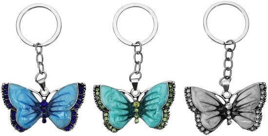 Sistema di chiavi con farfalla di cristallo - Set di 3 - Chiave da auto/tasca - Chiave da donna/ragazza - Colori vivaci (blu/verde/bianco)