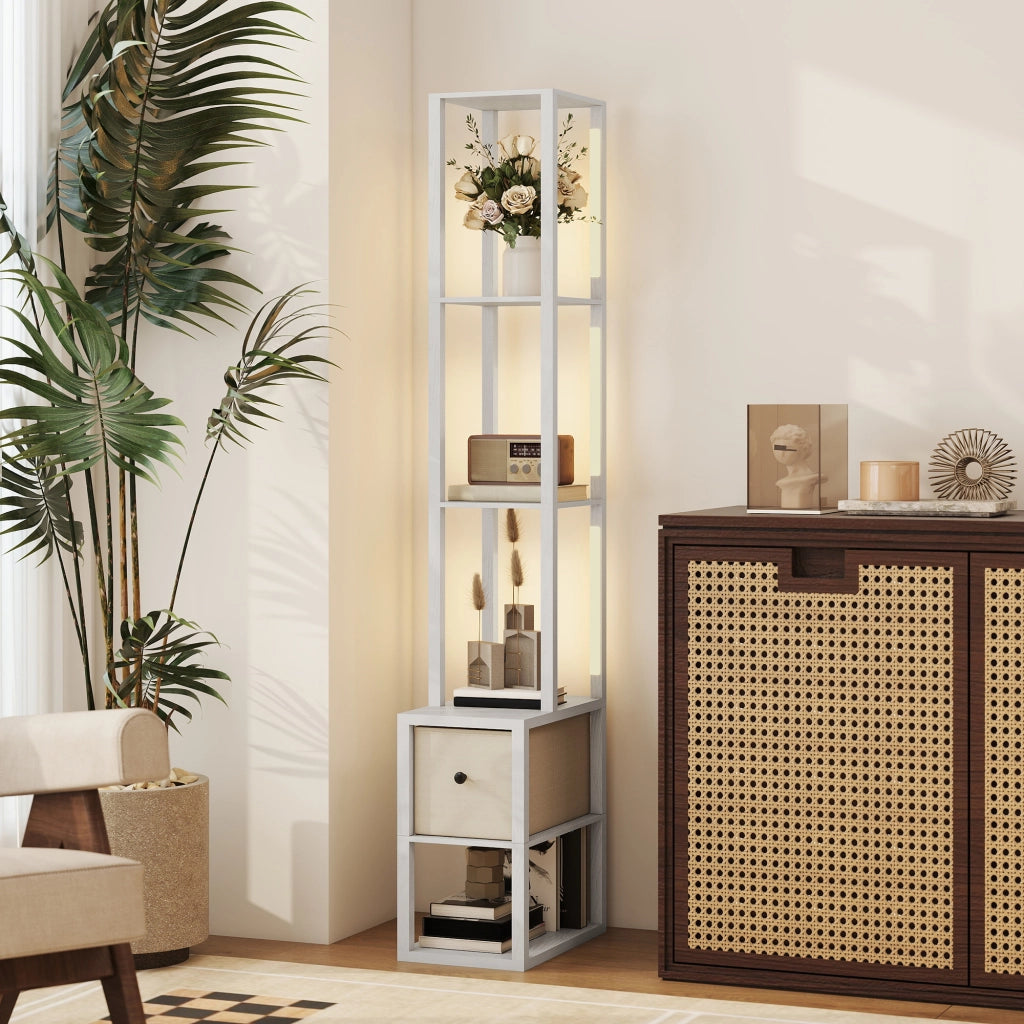 Lampada da terra con scaffali aperti e cassetto in tessuto ¨C Zephmum ¨C Bianco