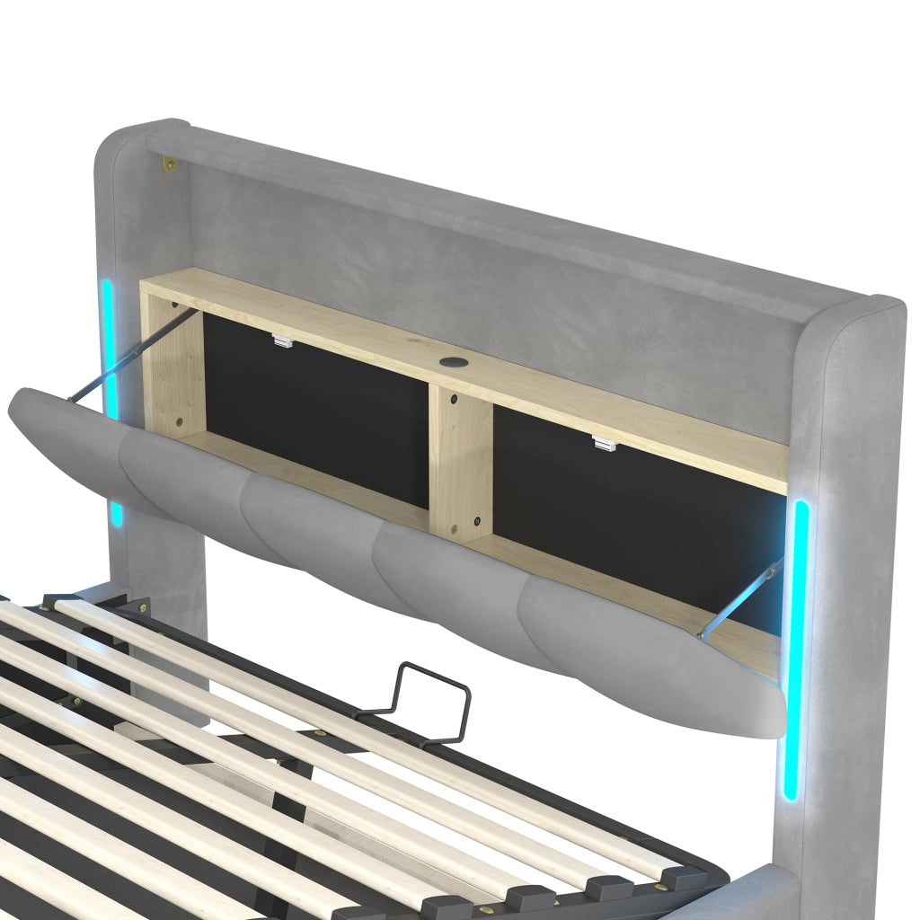 Letti contenitori 140x200 cm; con luci LED e vano contenitore; velluto; grigio (Senza materasso)