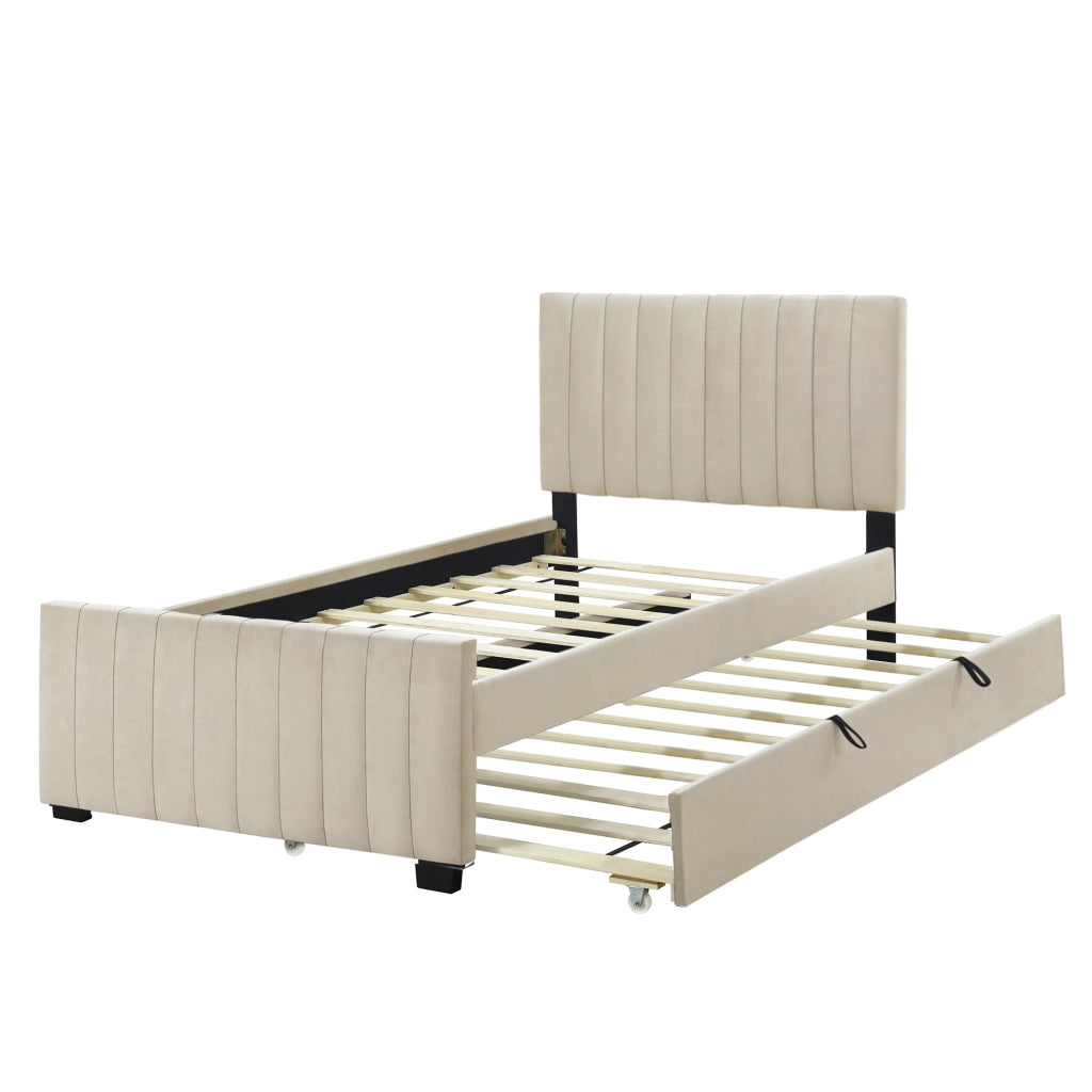 OKWISH Letto Estraibile 90×190 cm, Letto Singolo con Testiera Imbottita, Senza Materasso, in Velluto, Beige