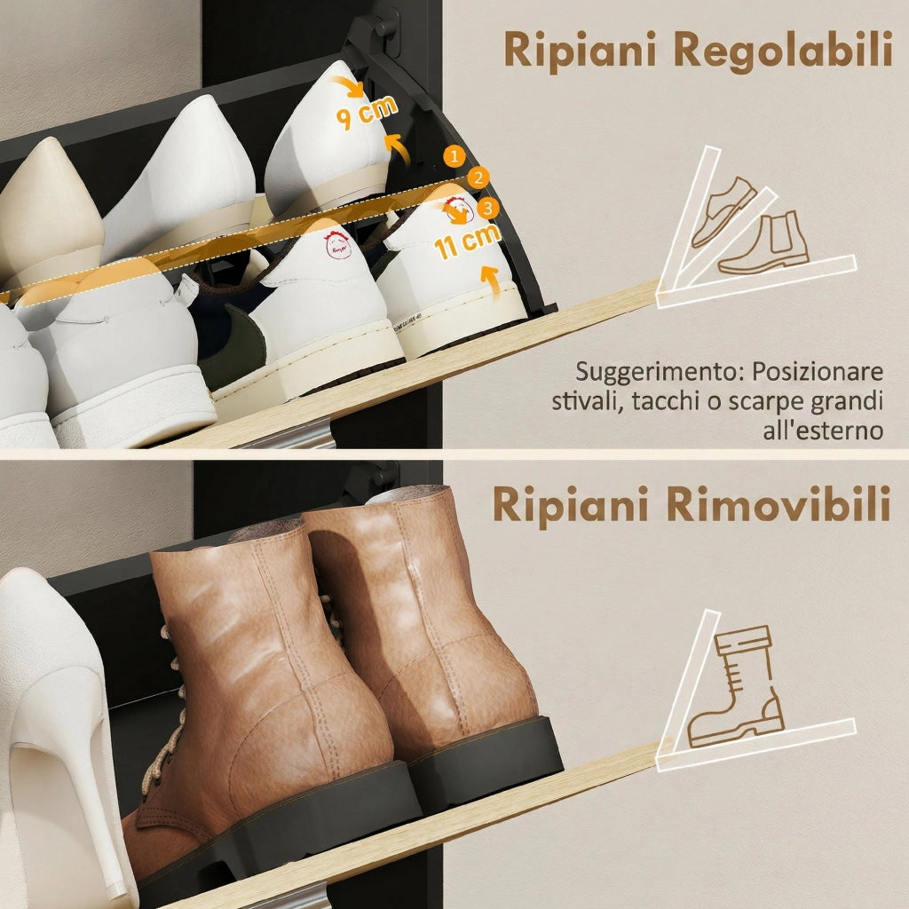 Mobile Portascarpe: 2 Cassetti a Ribalta. Ripiani. Nero e Legno Naturale.