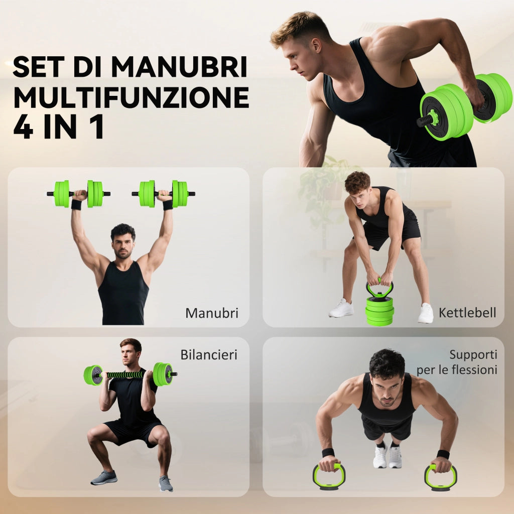 Set Pesi 4 in 1 da 20kg ¨C zephmum ¨C Verde, Convertibile in Kettlebell, 2 Manubri, Bilanciere e Supporto