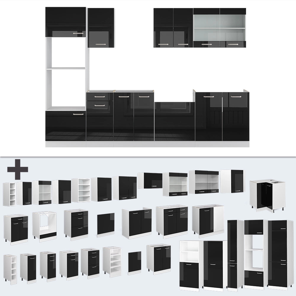 Vicco Cucina componibile Nero lucido/bianco 300 cm con armadio alto, PL Rovere
