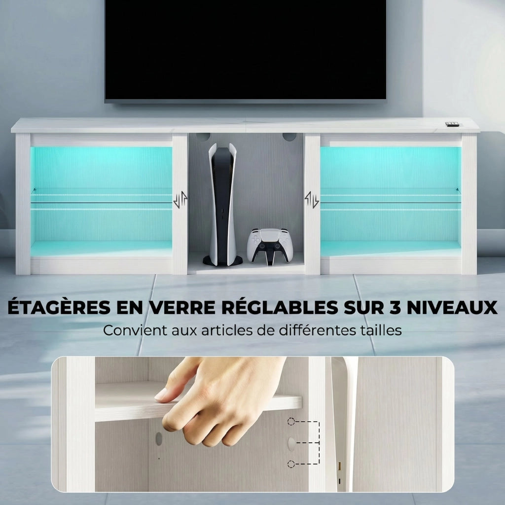 Mobile TV con illuminazione LED per TV fino a 70 pollici, 160cm con ripiani in vetro regolabili ¨C Minimal ¨C Bianco