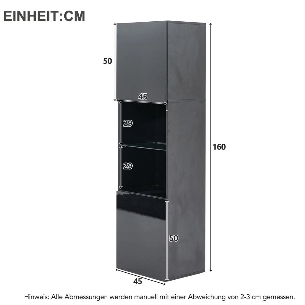 Vetrina con Illuminazione LED ¨C MINIMAL ¨C Nero Lucido, 1 Ripiano in Vetro, 45x35x160 cm