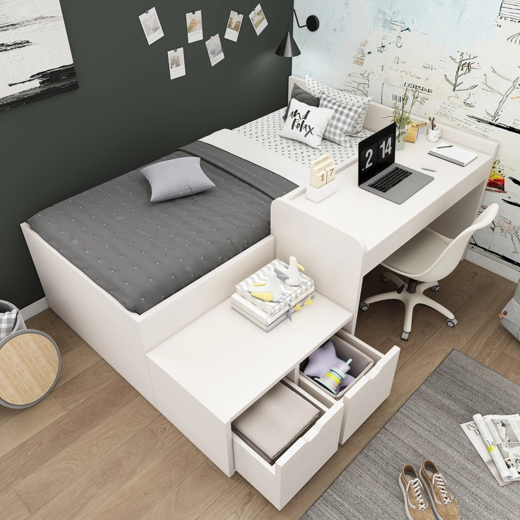 DESMIU Letto Combinato 1 Posto con Scrivania, 2 Cassetti e Vani 90 × 200 cm, Senza Materasso, in Legno Massello e MDF Bianco
