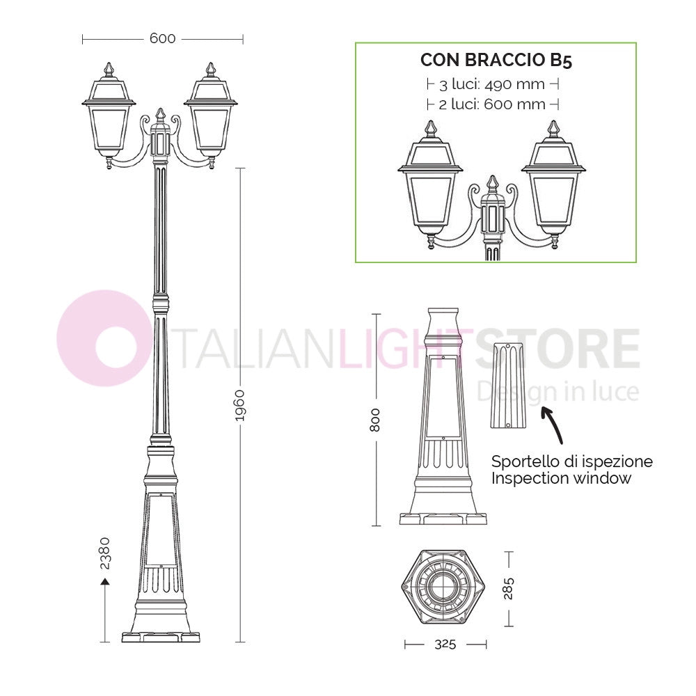 ARTEMIDE ANTRACITE Lampione h. 238 a 2 luci per Esterno Classico Lanterne Quadrate