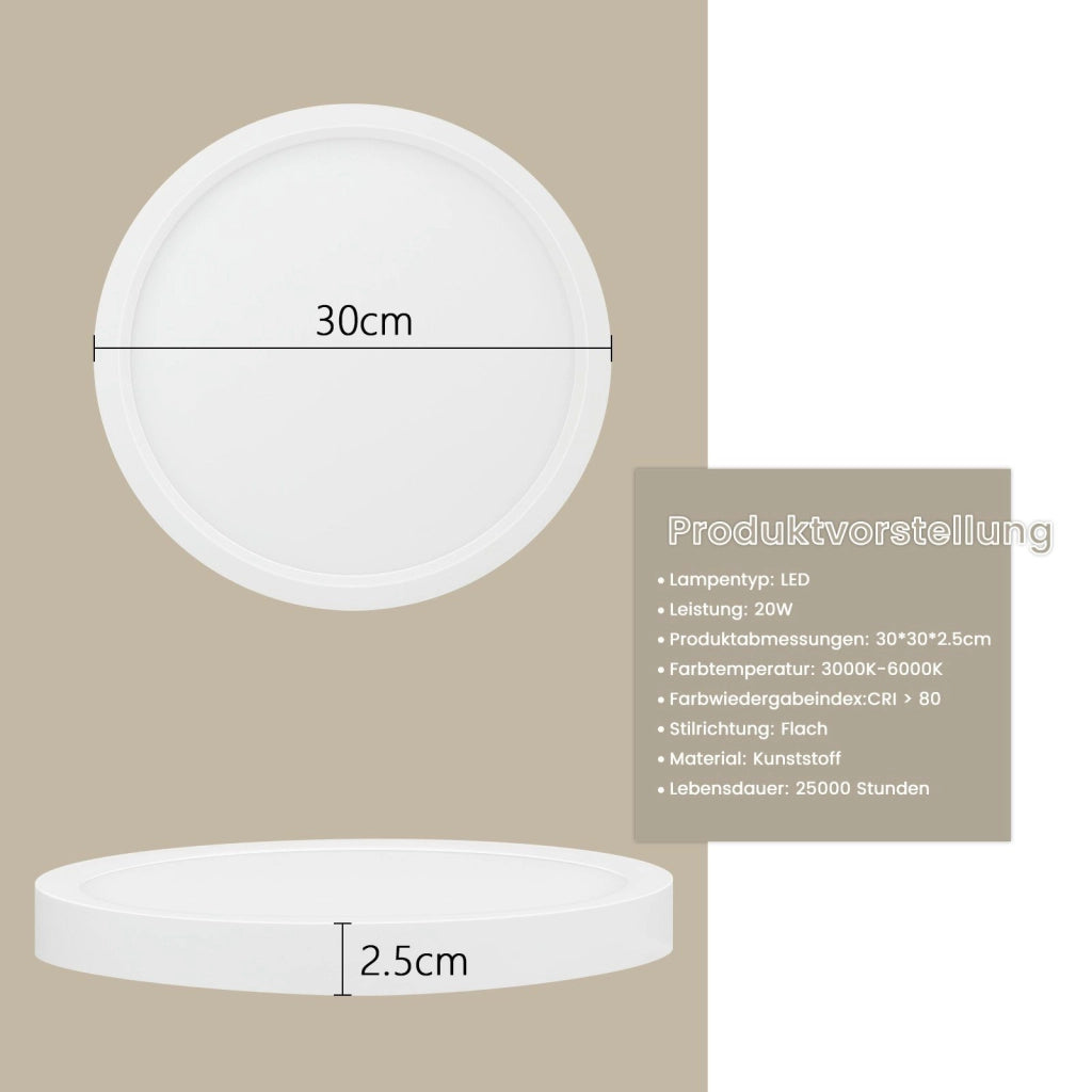 ZMH Lampada da soffitto plafoniera LED dimmerabile 20W rotonda piatta 30cm