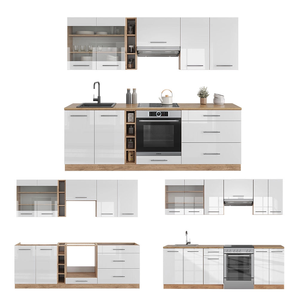 Cucina componibile Fame-Line Bianco lucido/Rovere dorato 235 cm, PL Marmo Vicco