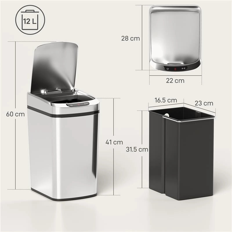CESTINO RIFIUTI DA 12L A INFRAROSSI CON SECCHIO RIMOVIBILE, IN ACCIAIO INOX, ABS E PP, 28X22X41 CM, ARGENTO