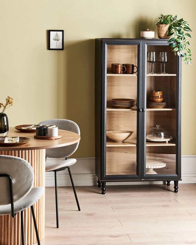 Mobile decorativo 80 cm nero con legno chiaro in legno ingegnerizzato con display in vetro Classico scandinavo a ripiani alti Sala da pranzo Soggiorno