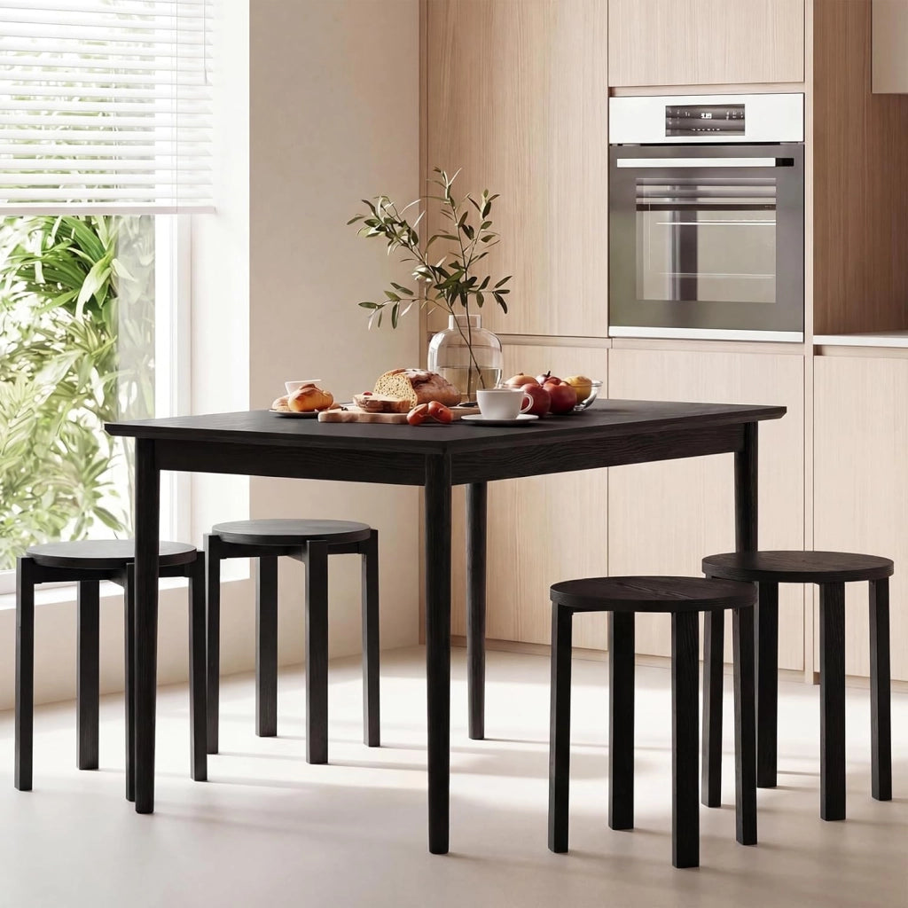 Set di 4 Sgabelli Impilabili 4 in 1, Sgabelli in Legno con Portavaso con Rotelle, 2 Grandi Ø36 cm e 2 Piccoli Ø35 cm, Tavolino Laterale Rotondo per Soggiorno e Camera da Letto (Nero)