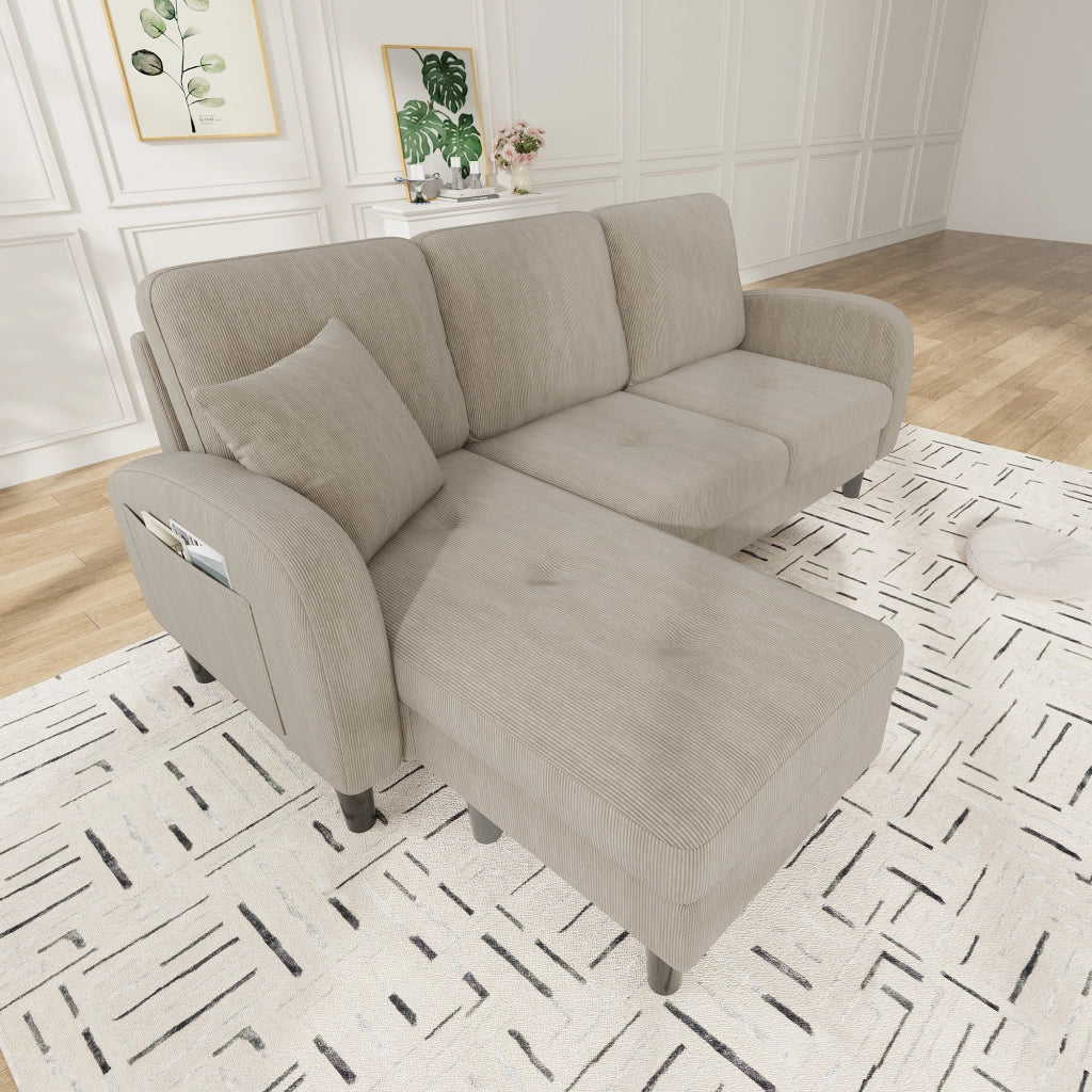 Divano Angolare con Chaise Longue 3 Posti ¨C MINIMAL ¨C Tessuto a Coste, Gambe in Plastica, 166x118x77 cm