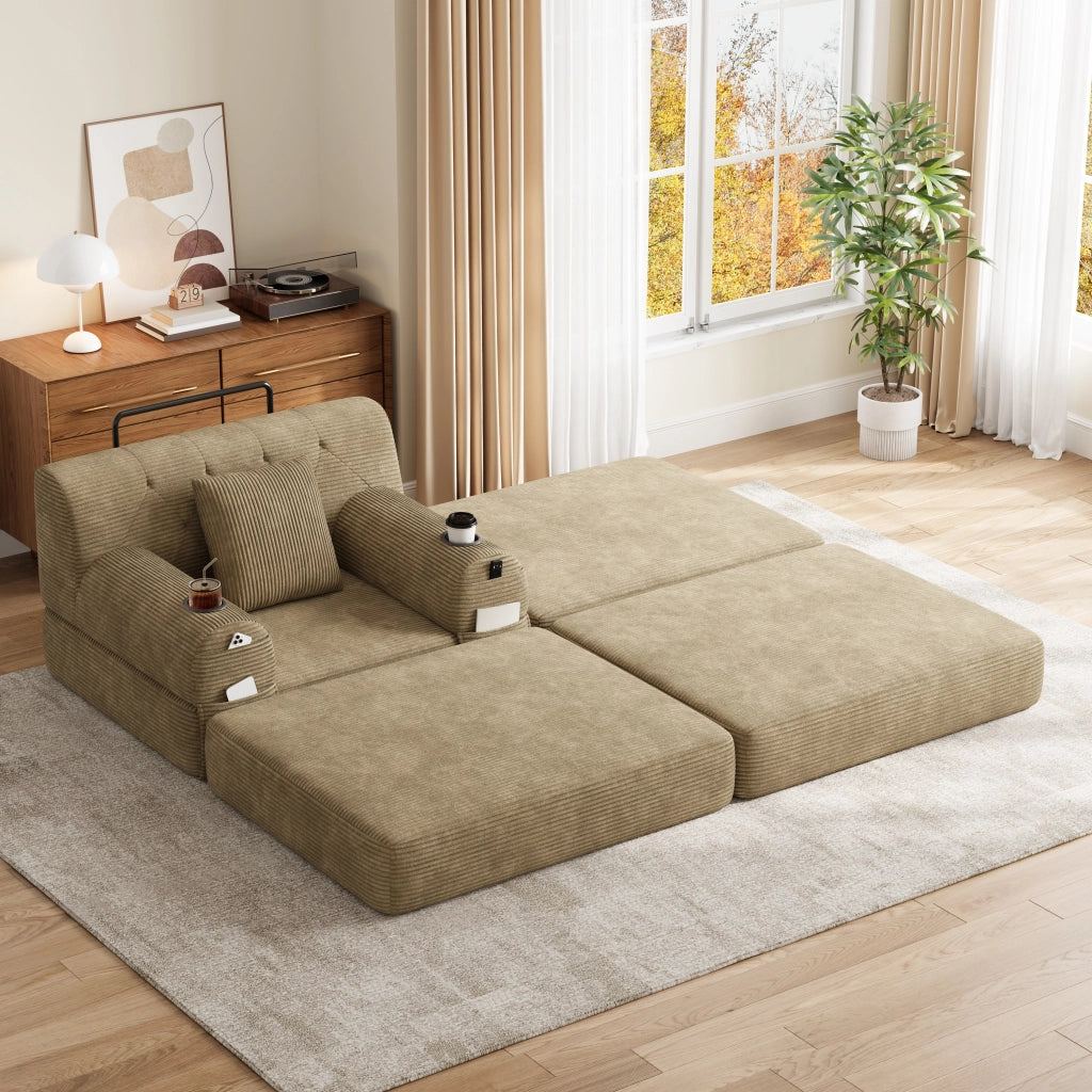 Poltrona letto 1 posto con funzione letto; portabicchieri e 4 tasche in corduroy kaki