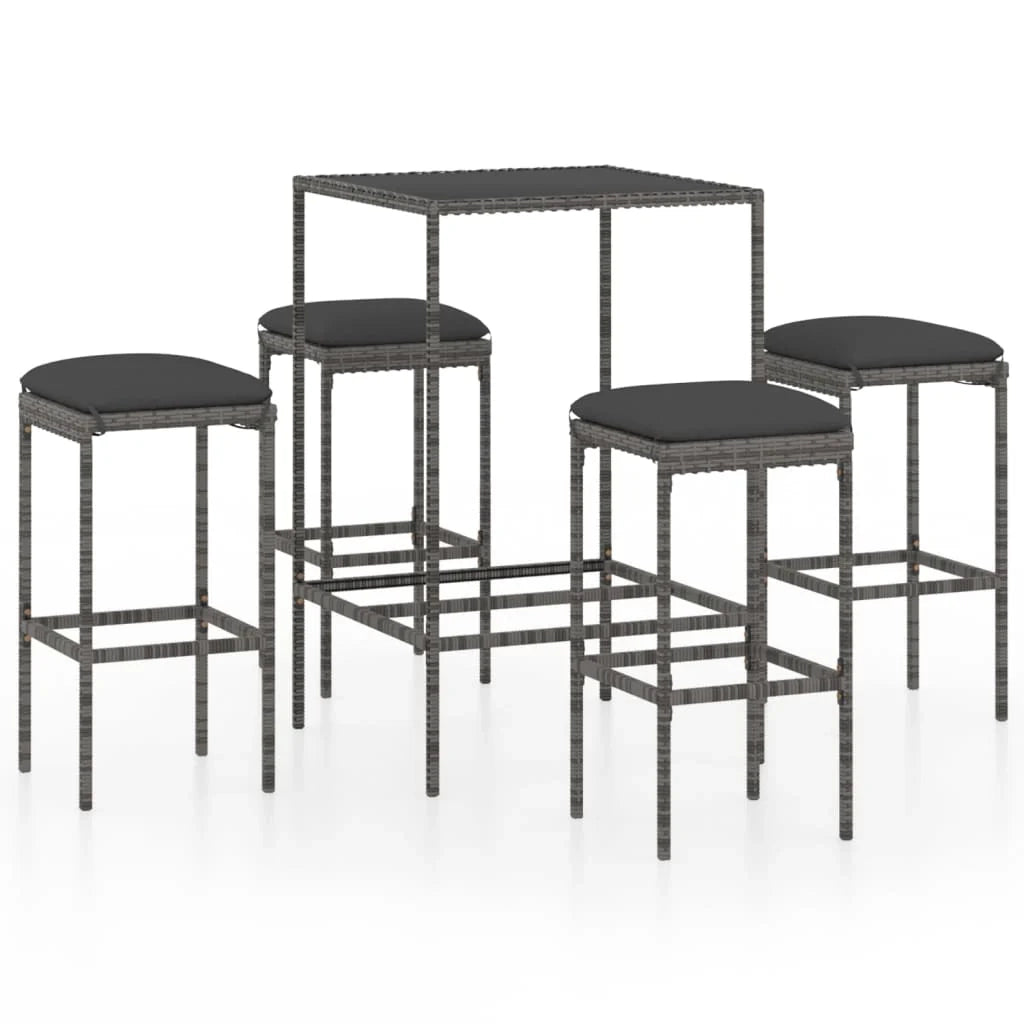 Set da bar da giardino 5 pezzi e cuscini in resina intrecciata grigia 02_0013399