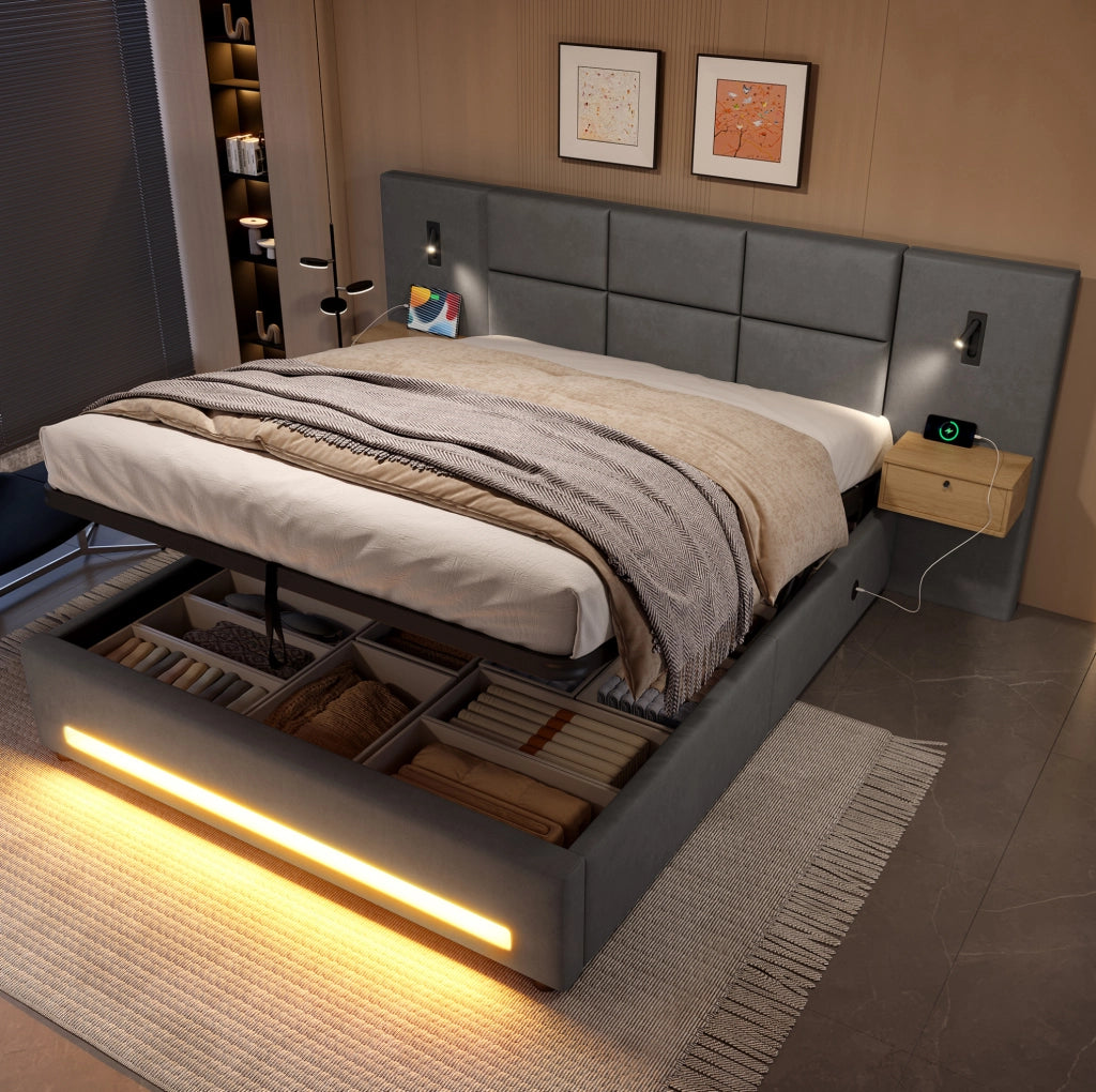 Letto imbottito 180x200 cm in velluto grigio scuro con contenitore idraulico; LED e USB-C