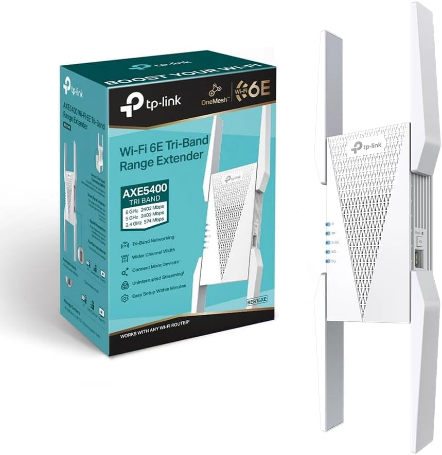 TP-Link RE815XE Ripetitore WiFi 6E AXE5400Mbps Tri-Band, 160MHz, Banda Dedicata a 6 GHz, Roaming Intelligente, EasyMesh, Amplificatore Mesh Extender, Ripetitore Per Casa, Access Point