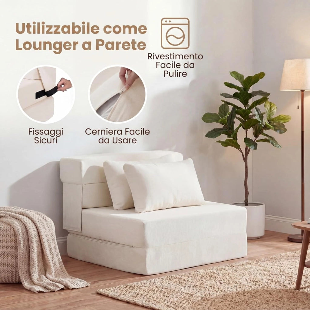 Divano Letto 2 Posti Pieghevole, 3 in 1 Divanetto Trasformabile con 2 Cuscini, Schiuma ad Alta Densità e Rivestimento in Tessuto Chenille, Poltrona Letto per Soggiorno (Beige,72 x 76 x 58 cm)