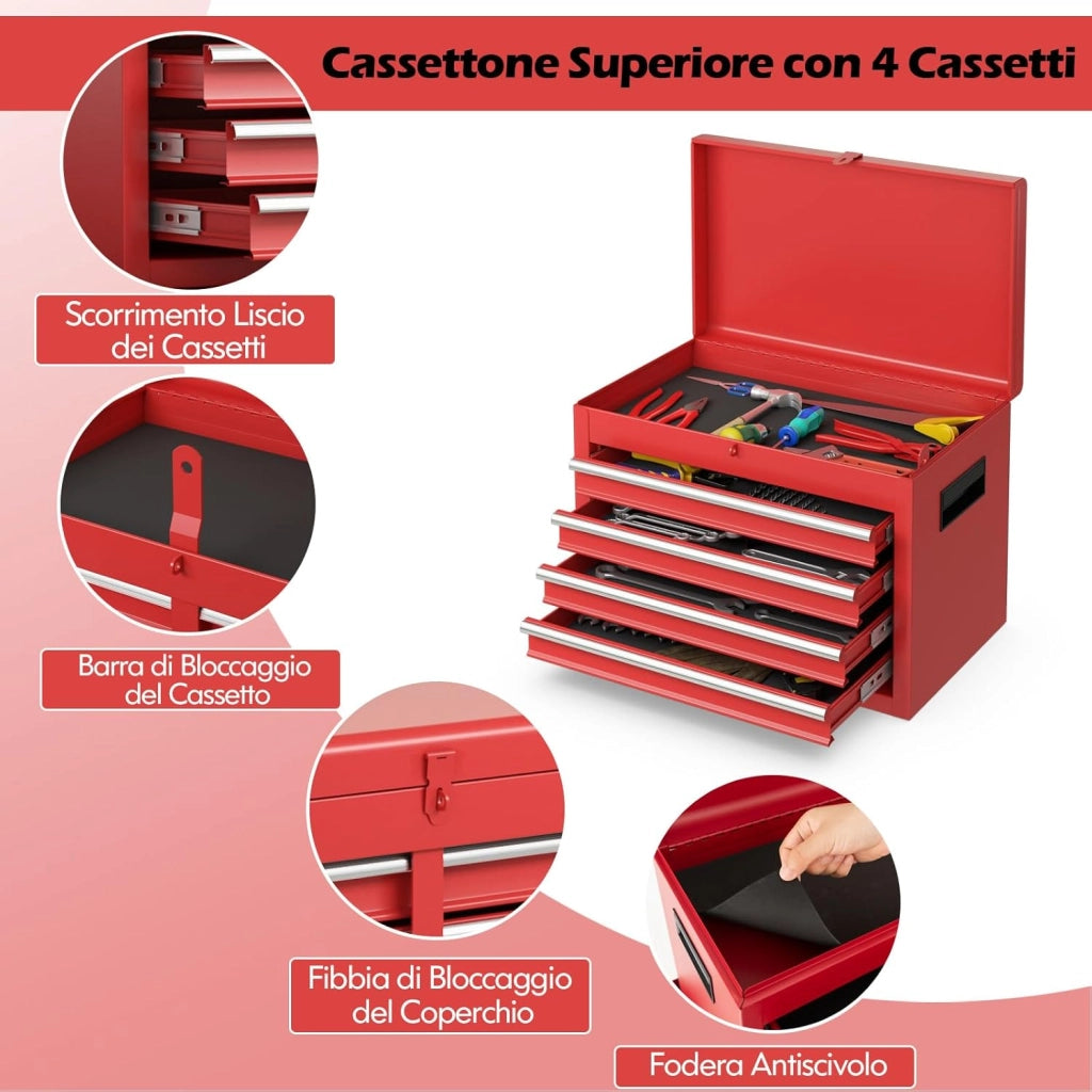 Cassettiera Portautensili a 4 Cassetti, Carrello per Attrezzi con Ruote Bloccabili Ripiano Regolabile e Rivestimento Antiscivolo, 59 x 28 x 102 cm (Rosso)