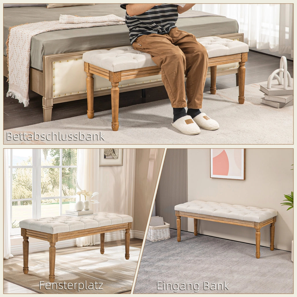Panca imbottita Panca da letto con gambe in legno e design capitonné in poliestere Crema