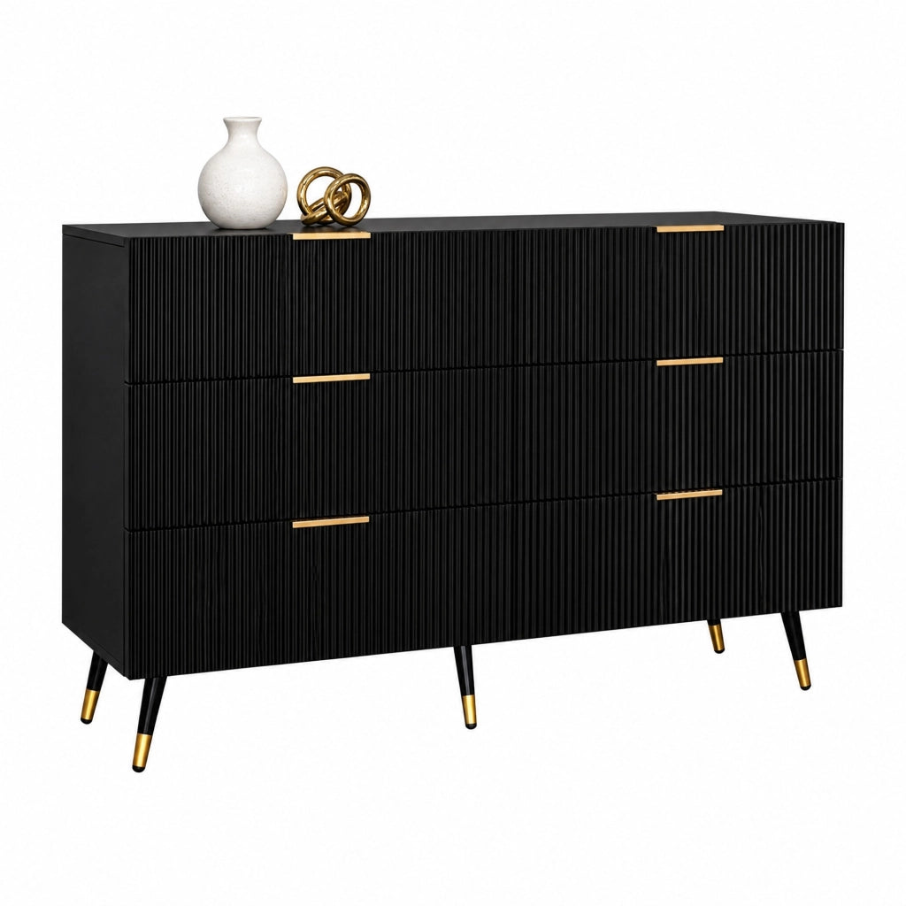 Credenza moderna con 6 cassetti 120x40x77 cm in truciolare nero e oro