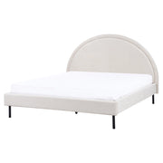 Letto matrimoniale in tessuto beige chiaro imbottito con base a doghe e testiera rotonda 160 x 200 cm minimalista retrò