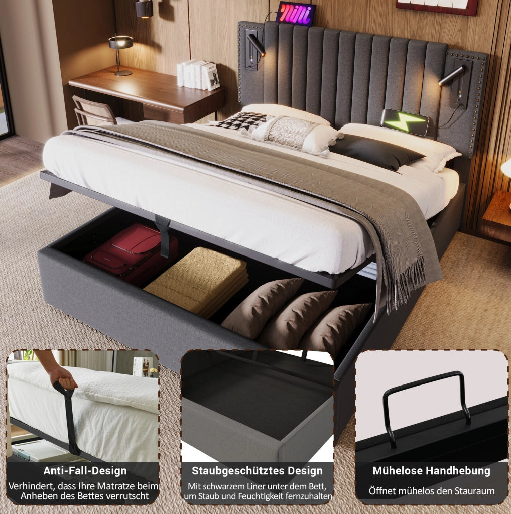 Letto matrimoniale 180x200 cm con contenitore, luce USB-C, grigio